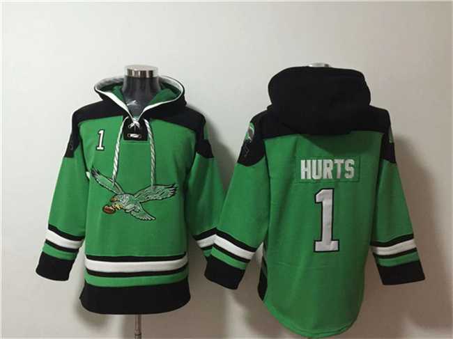 Men's Philadelphia Eagles #1 Jalen Hurts Green Ageless Must-Have Lace-Up Pullover Hoodie,We sell and wholesale Men's Philadelphia Eagles #1 Jalen Hurts Green Ageless Must-Have Lace-Up Pullover Hoodie on line form chian!